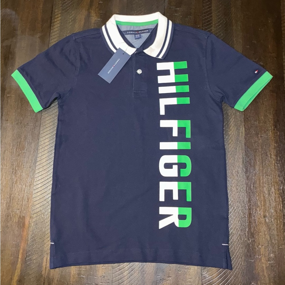 Tommy Hilfiger Polo Shirt Medium Navy Blue Human Kind Vertical Logo NWT
